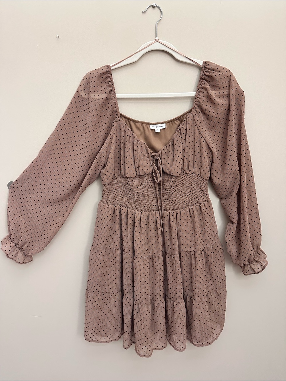 Blu Pepper Mauve Brown Polka Dot Peasant Mini Dress